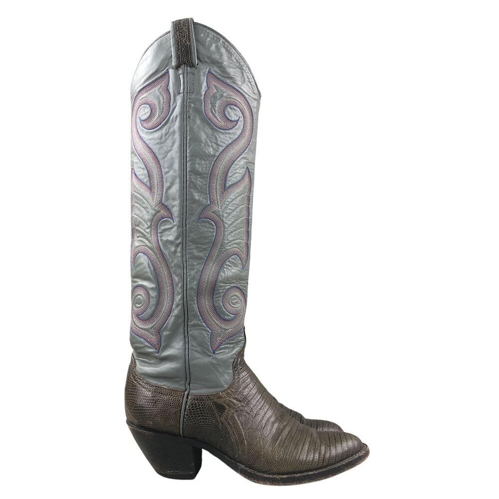 Larry Mahan VTG Women's 6-6.5** Grey Brown Leather Knee High Western Boots FAIR